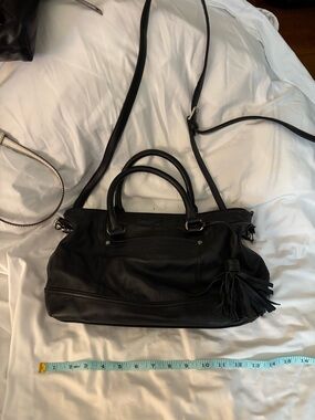 Tignanello Black Leather Satchel with Tassel and Crossbody Strap